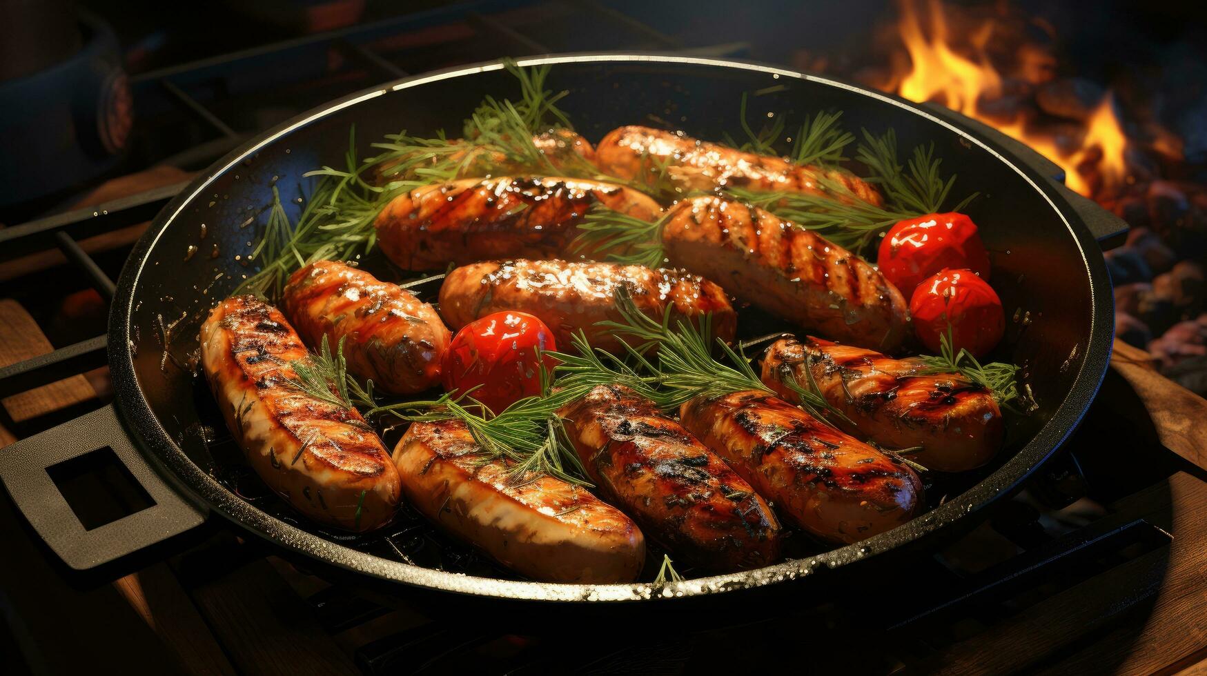 delicioso grelhado salsichas com tomates dentro uma fritar panela foto