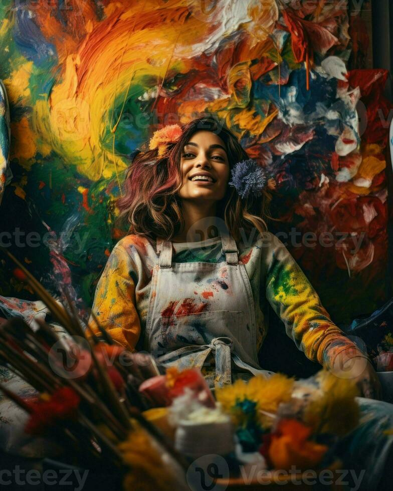 uma mulher sentado dentro frente do uma vibrante pintura, admirando Está cores e pinceladas.. generativo ai foto