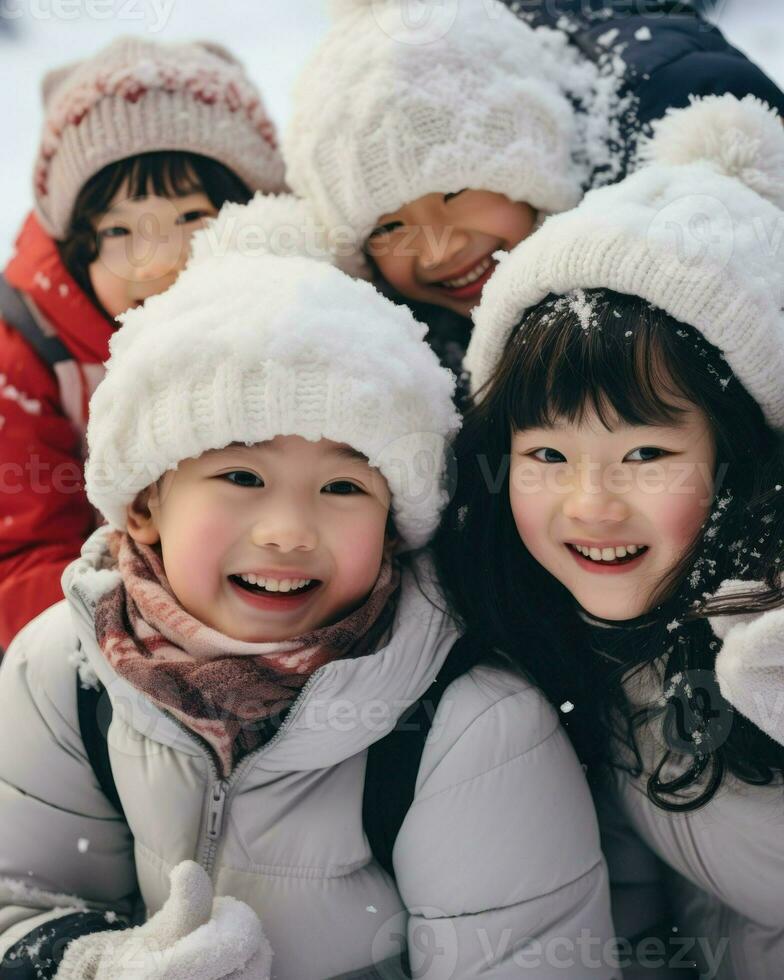 grupo do crianças jogando tendo Diversão dentro a neve. generativo ai foto