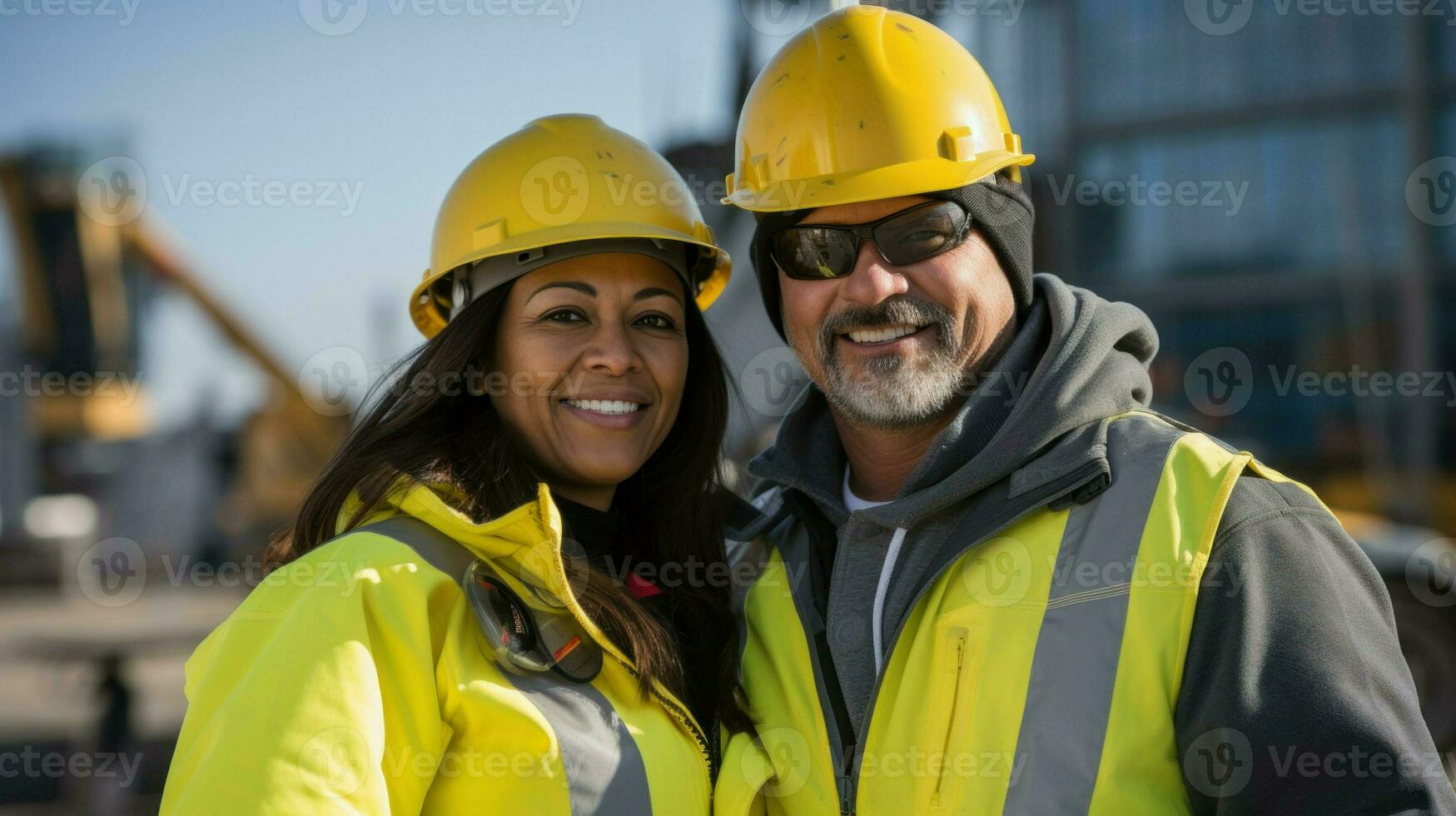 engenheiros posando juntos dentro protetora roupas e capacetes às a trabalhos local. generativo ai foto