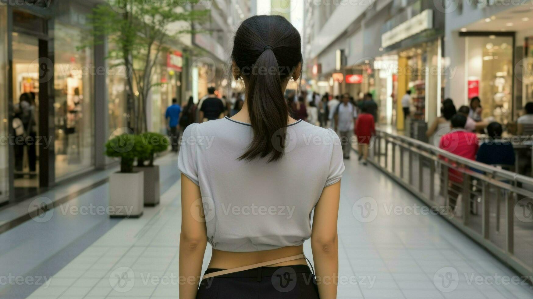 jovem ásia mulher caminhando dentro uma rua. generativo ai foto