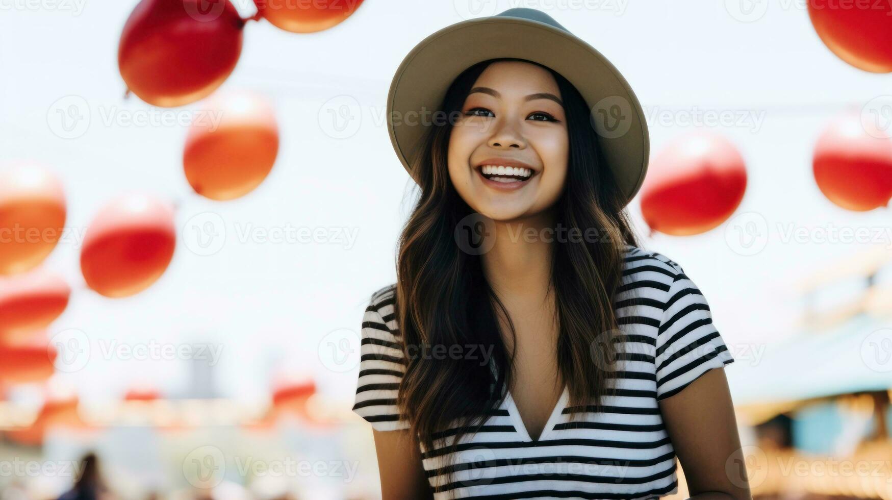 jovem ásia mulher sorridente debaixo celebração balões dentro China. generativo ai foto