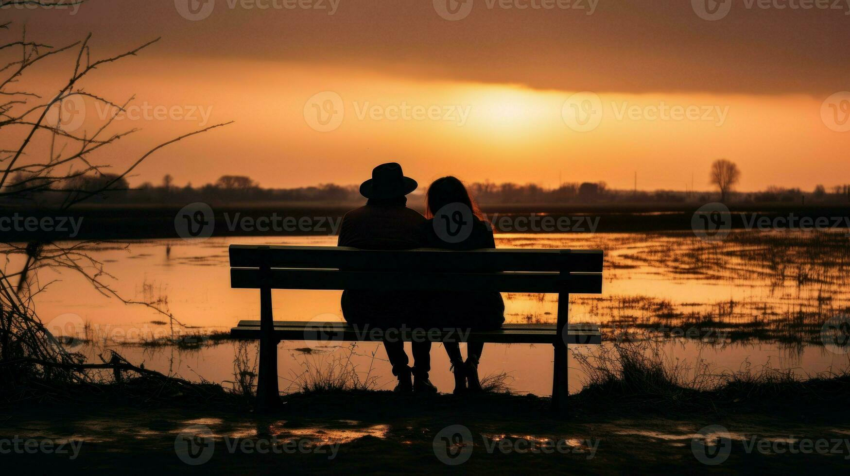 costas Visão do uma casal assistindo uma sereno pôr do sol, sentado em uma banco.. generativo ai foto