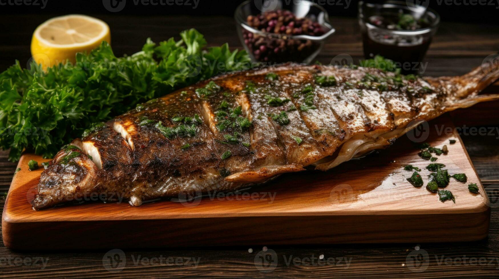 grelhado peixe com limão, alecrim e especiarias em de madeira borda. ai gerado foto