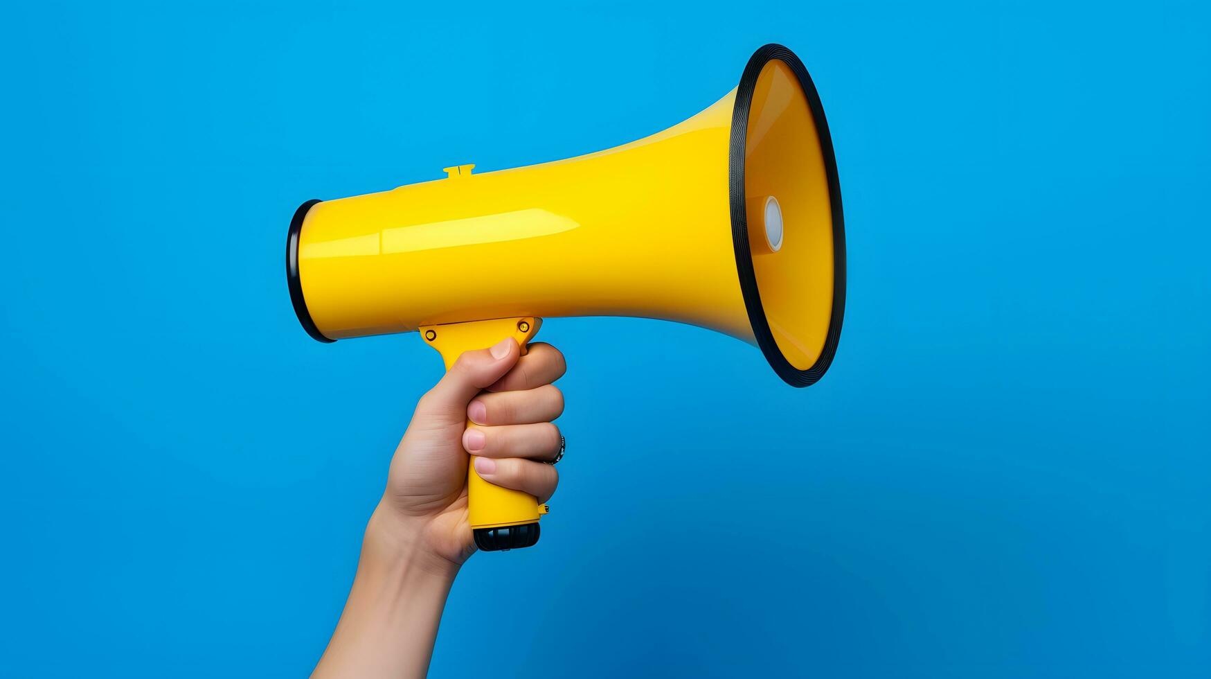 mão segurando amarelo megafone contra sólido azul fundo foto