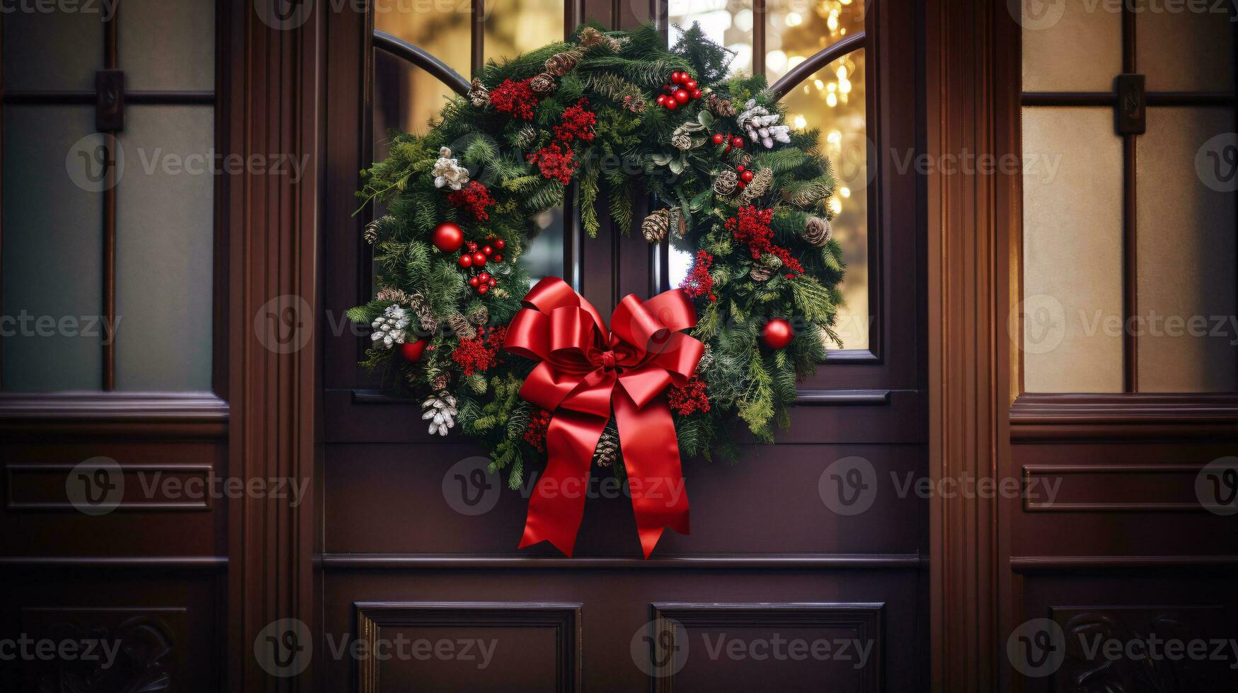 ai generativo Natal guirlanda com vermelho arco e bagas em a porta fechar acima foto