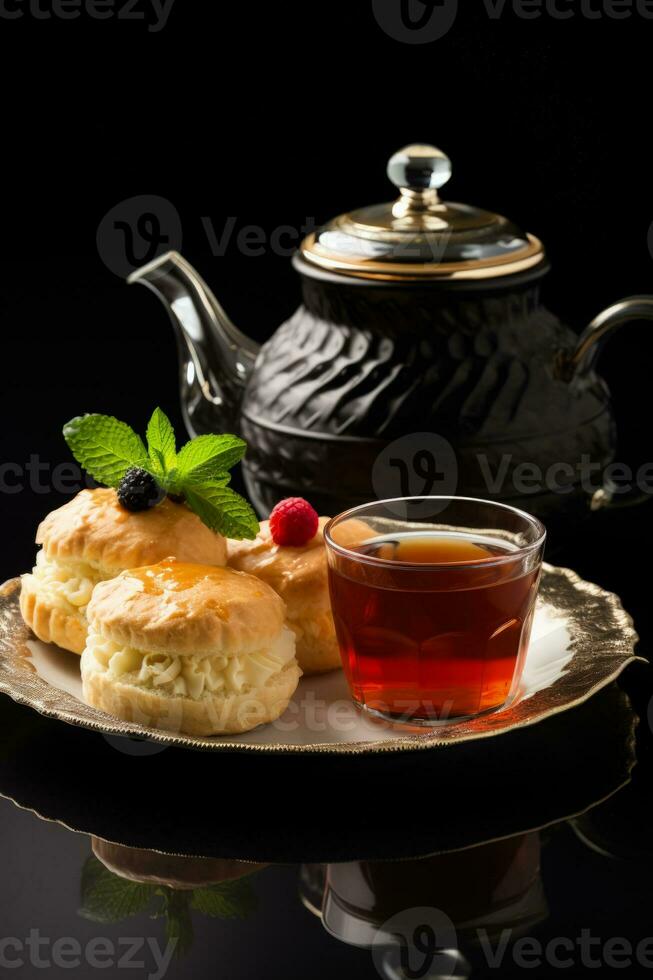 britânico tarde chá conjunto com Preto chá Panela isolado em uma branco fundo foto