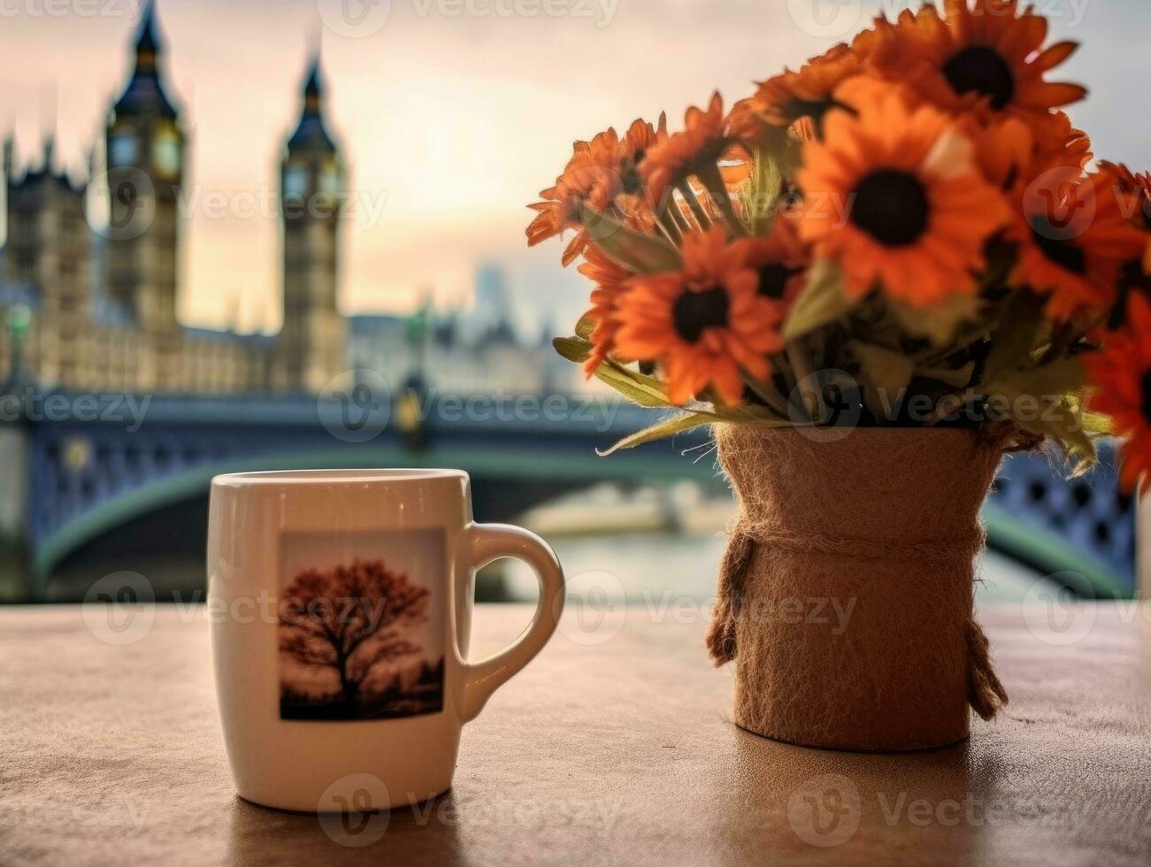 uma Preto copo do café e uma flor vaso estão dentro frente do grande ben e Westminster ponte dentro Inglaterra. generativo ai foto