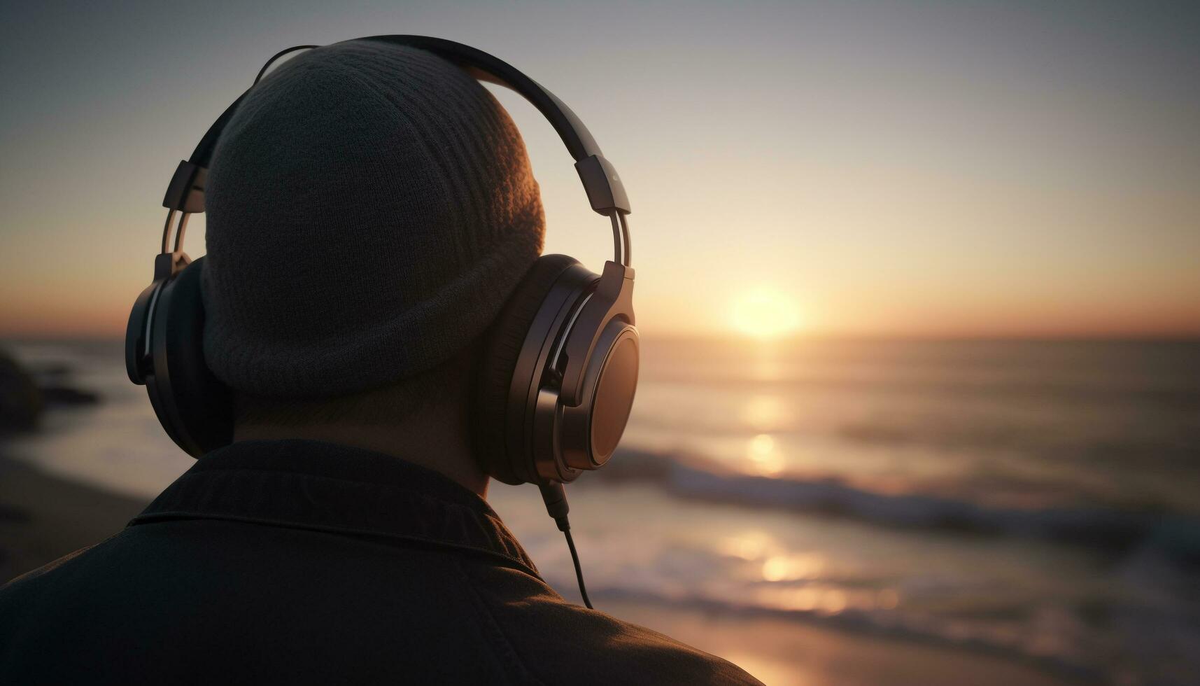 1 homem ouvindo para fones de ouvido, desfrutando a pôr do sol ao ar livre gerado de ai foto