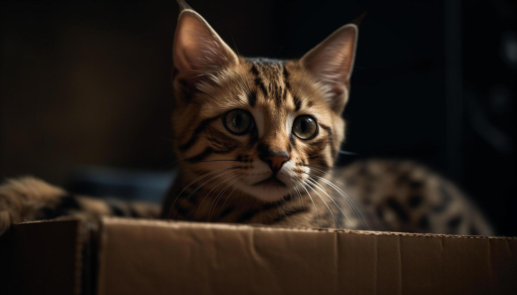 fofa felino gatinho com listrado pelagem, olhando às Câmera dentro de casa gerado de ai foto