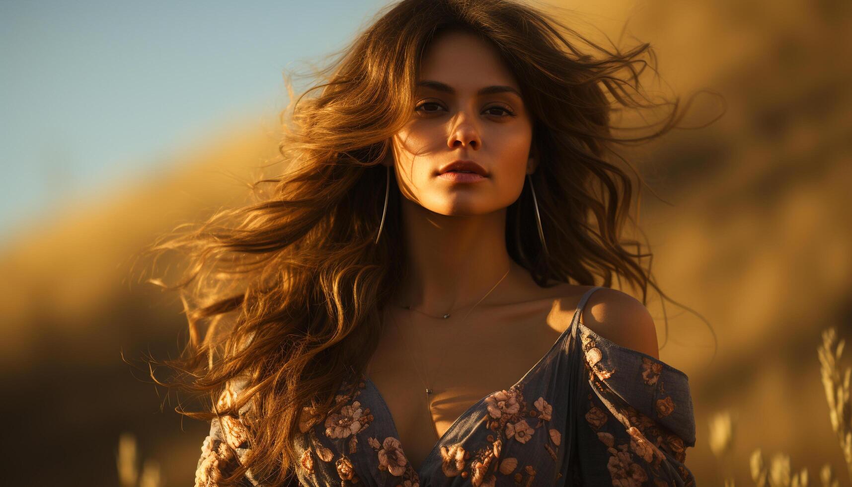 jovem mulher com grandes Castanho cabelo desfrutando a beleza do natureza gerado de ai foto