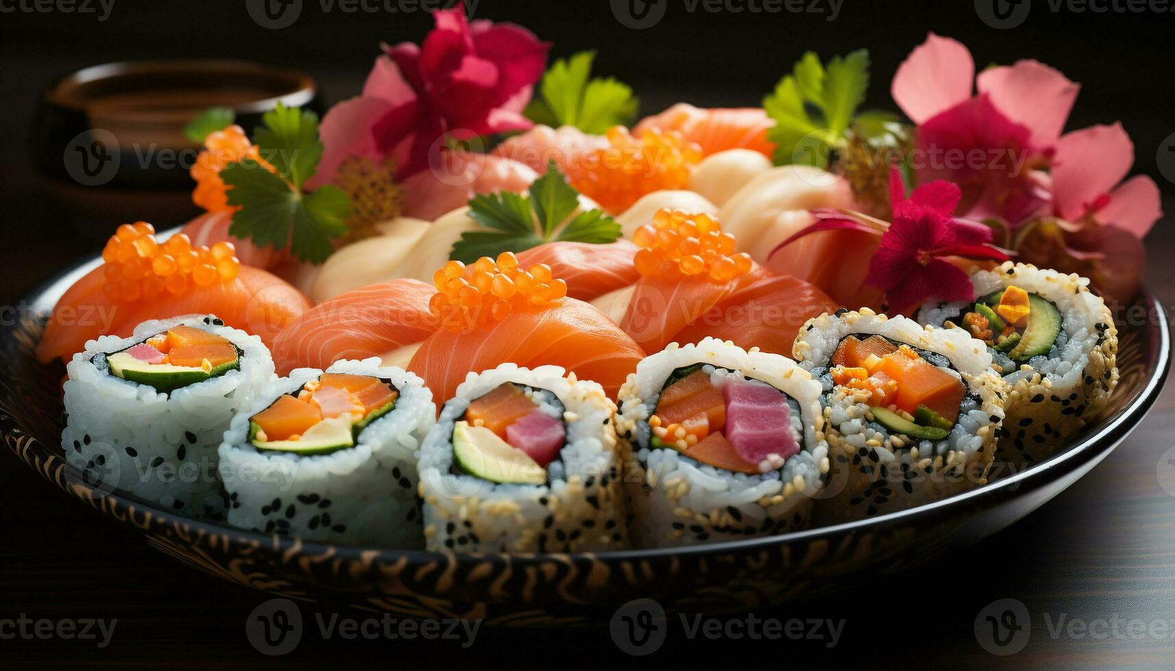 frescor e culturas em uma prato Sushi, sashimi, abacate, e atum gerado de ai foto
