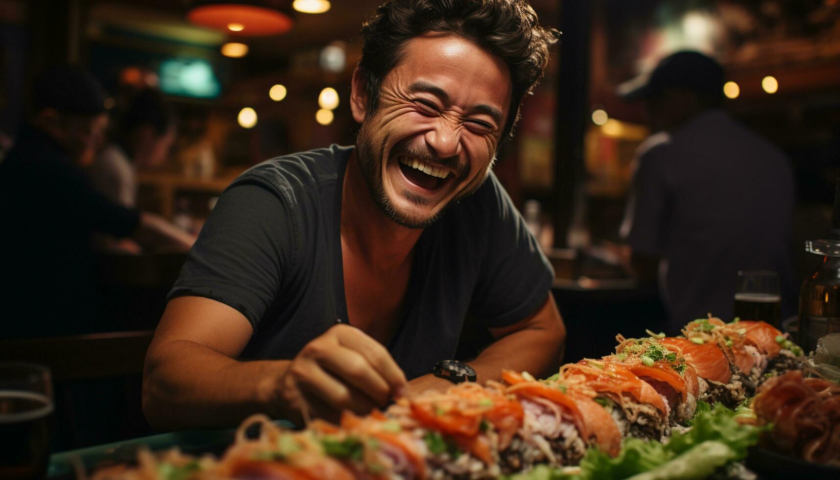 dois alegre adultos desfrutando uma frutos do mar refeição às uma Barra gerado de ai foto