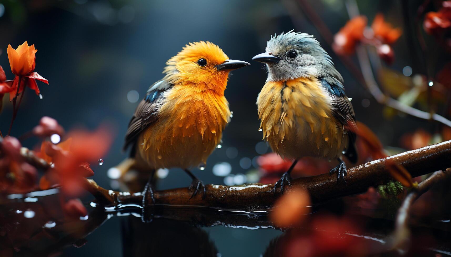 uma fofa pequeno pássaro empoleirar-se em uma filial, cercado de natureza gerado de ai foto