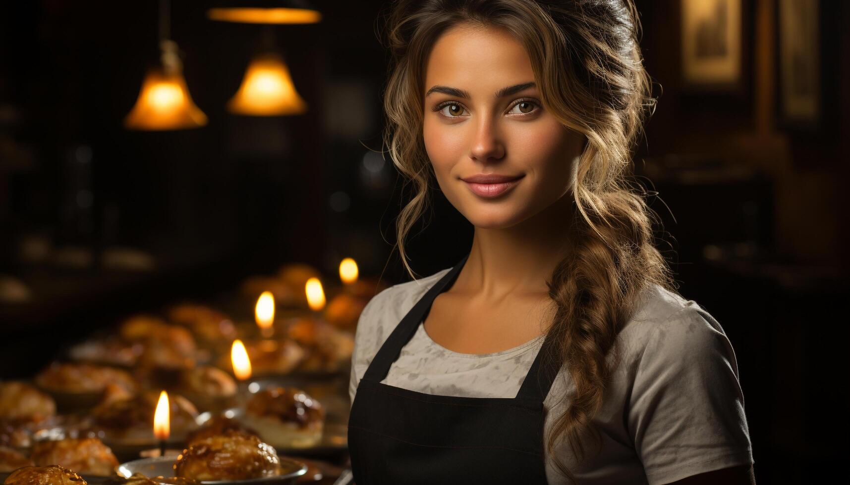 uma alegre mulher, proprietário do uma pequeno negócios, cozinhando alegremente gerado de ai foto