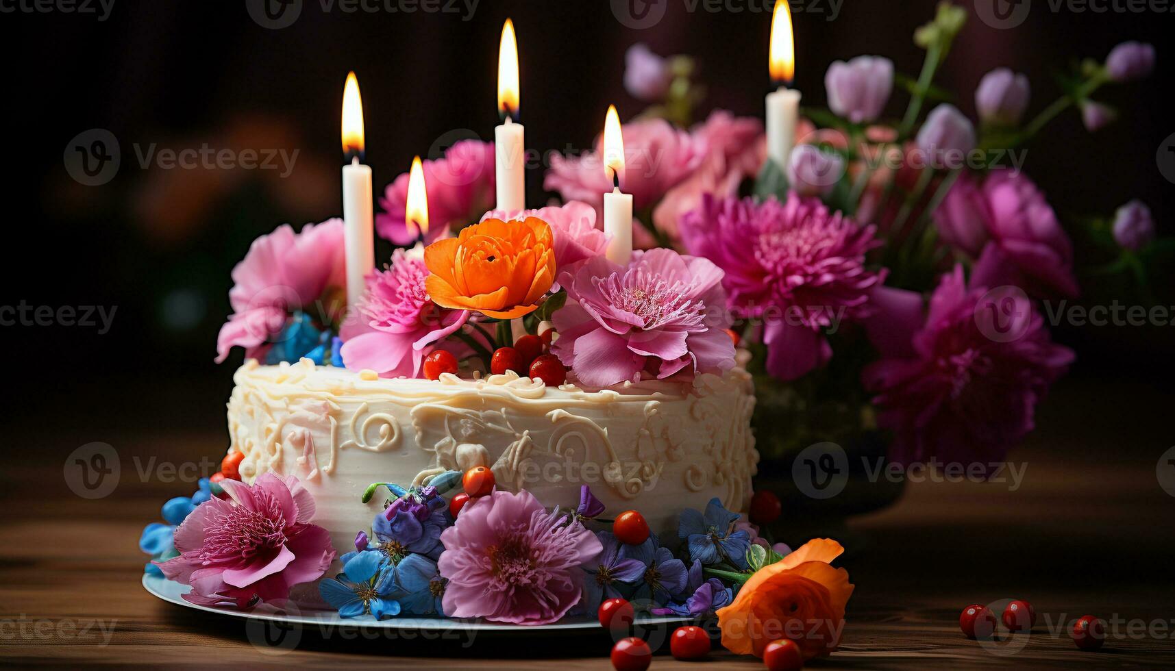 aniversário celebração com gourmet sobremesa, chocolate bolo, e luz de velas decoração gerado de ai foto