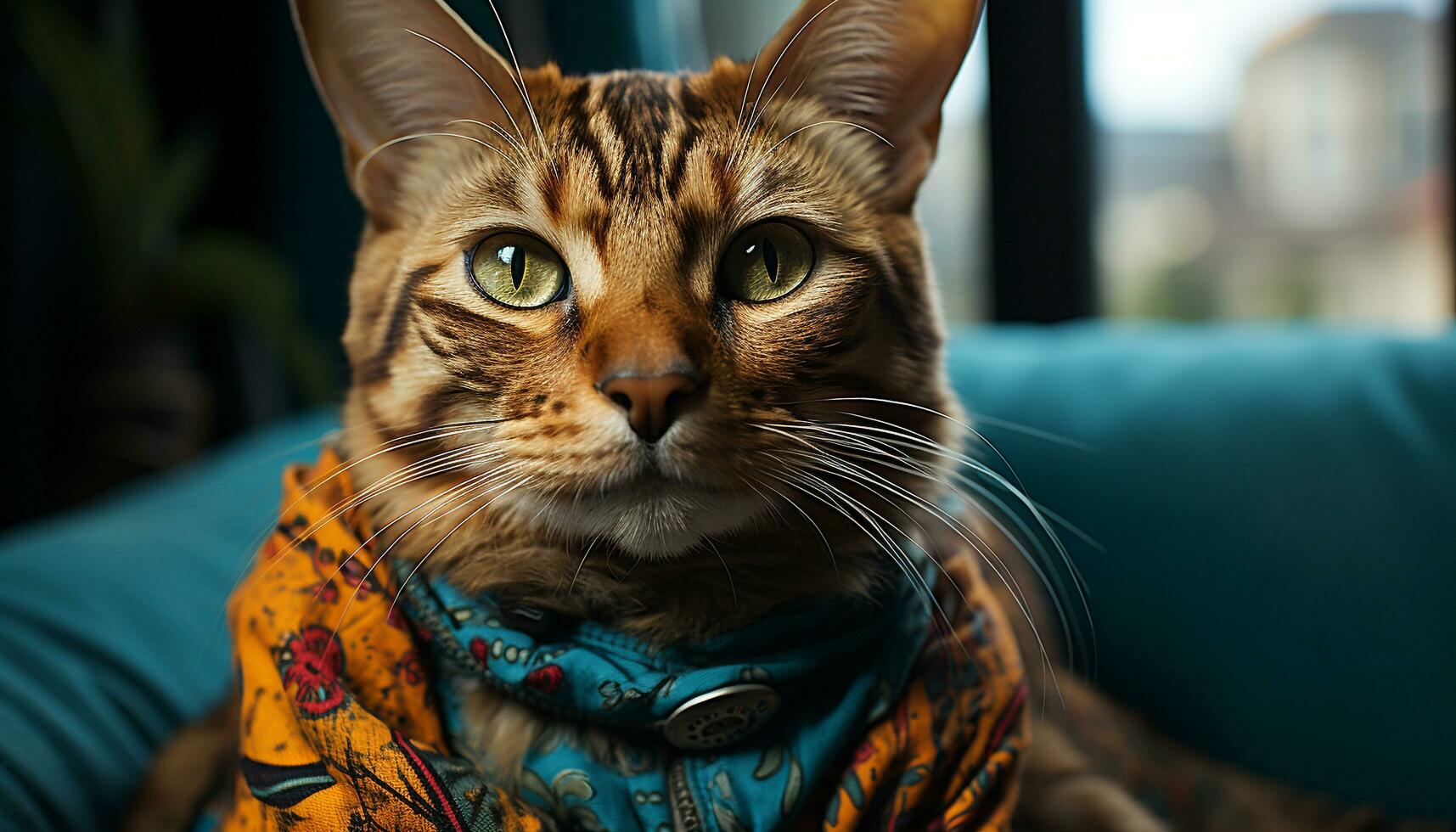 fofa gatinho olhando fixamente, fofo pelagem, brincalhão, sentado em sofá gerado de ai foto