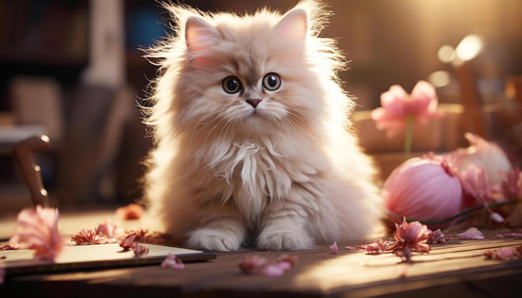 fofa gatinho sentado em mesa, olhando às Câmera, fofo pele gerado de ai foto