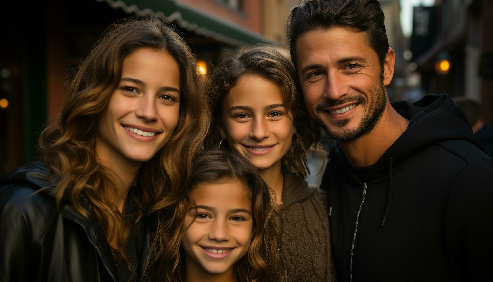 uma feliz família abraçando, sorridente, e olhando às a Câmera gerado de ai foto