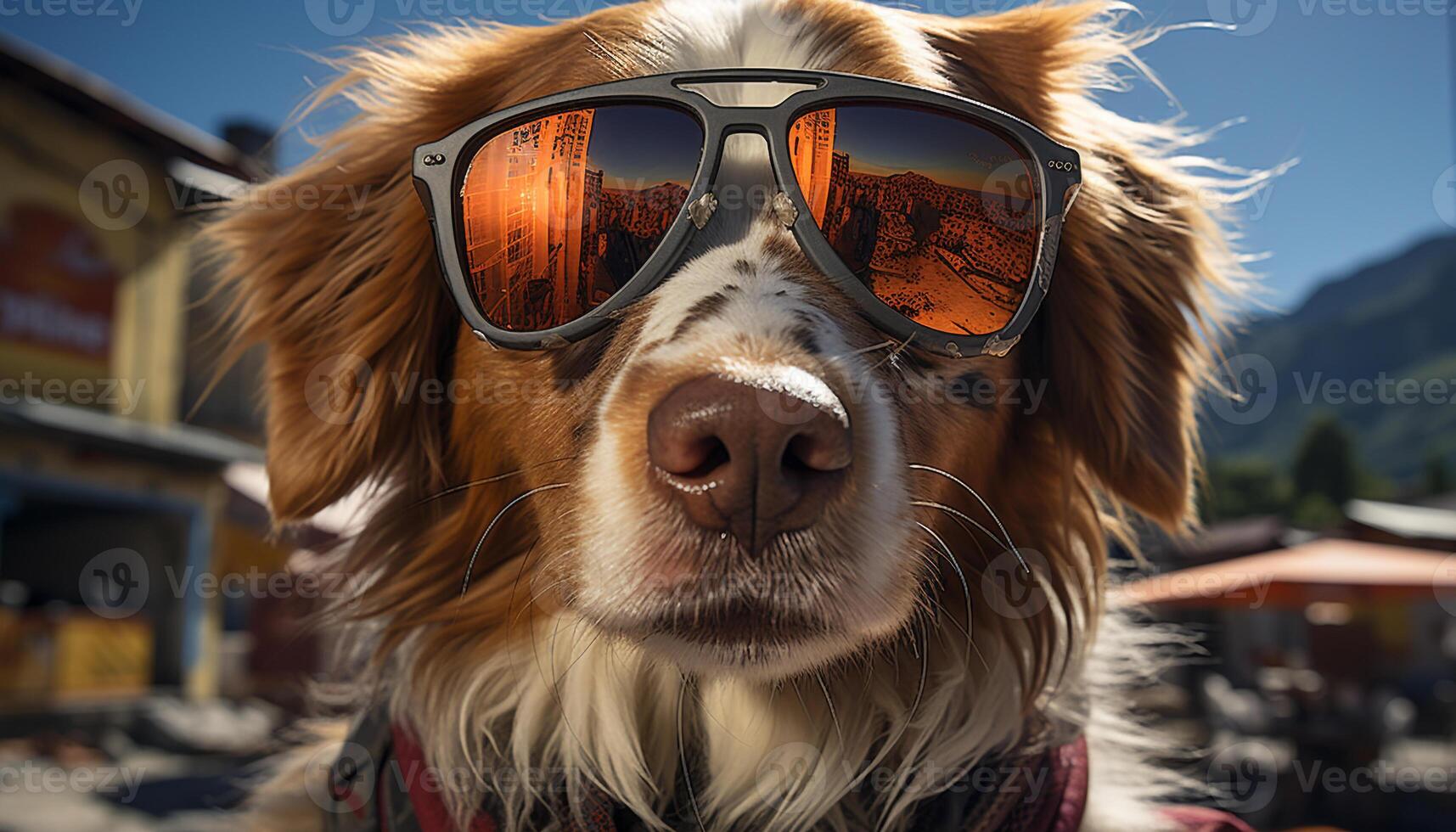 fofa cachorro vestindo oculos de sol, olhando às Câmera, desfrutando ao ar livre gerado de ai foto