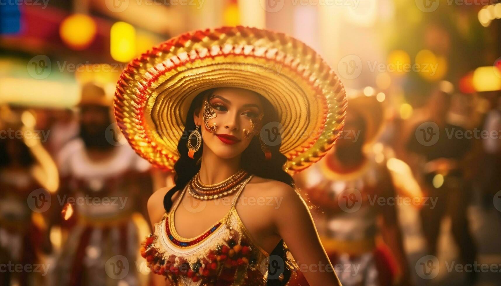 sorridente jovem mulheres dançando dentro tradicional roupas às ao ar livre festival gerado de ai foto