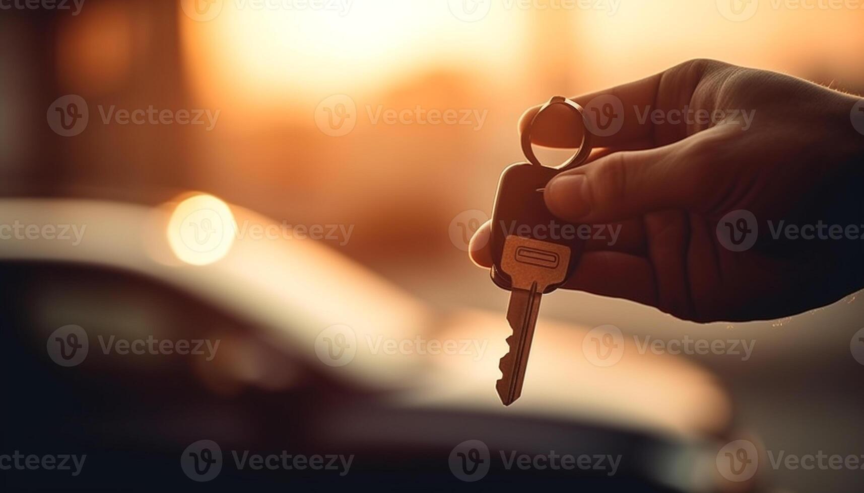 mão segurando chave, dirigindo carro para dentro pôr do sol gerado de ai foto