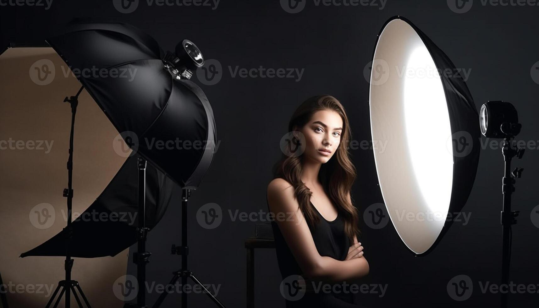 lindo jovem mulheres iluminado dentro Holofote para desempenho gerado de ai foto