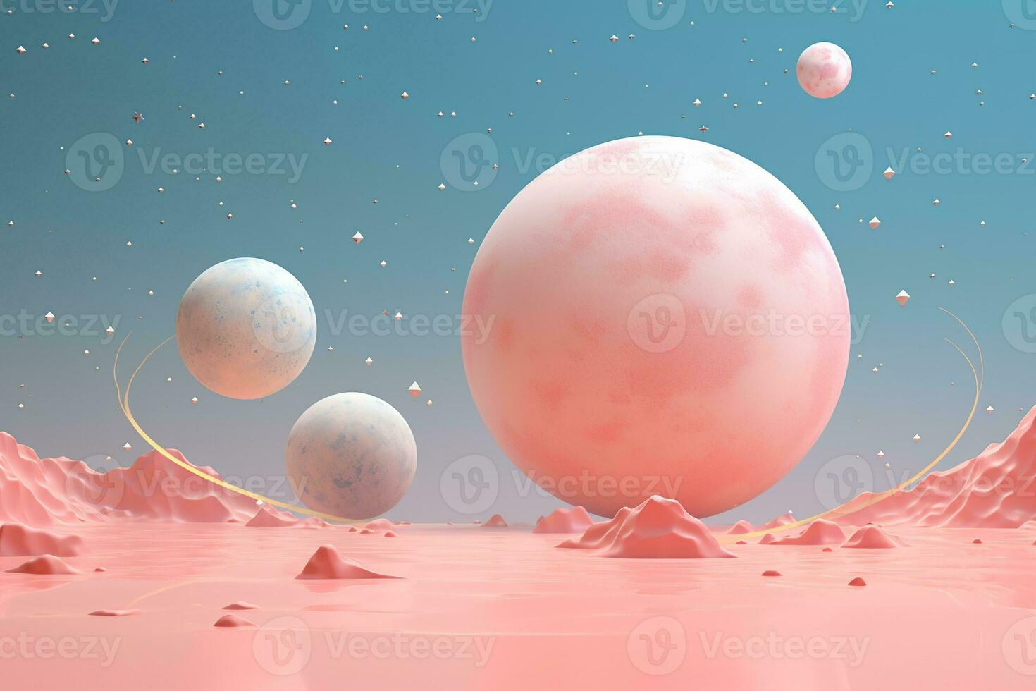 uma digital ilustração do uma planeta e Está luas dentro uma pastel fundo. ai generativo foto