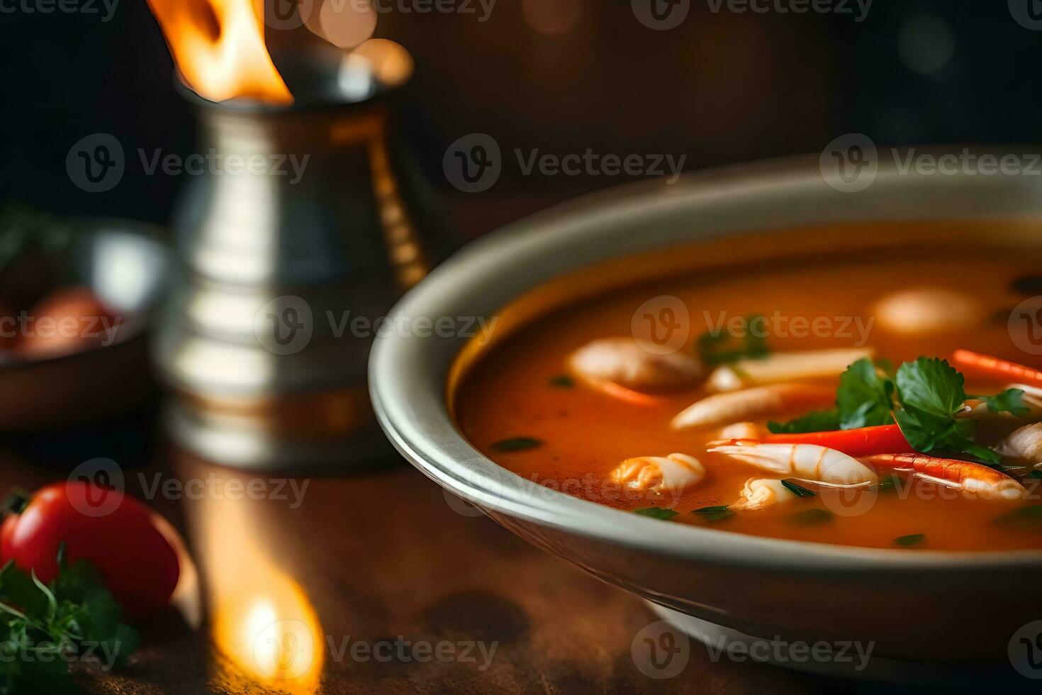 levar uma Boa Veja às uma gostoso tigela do tom yum sopa, com uma levemente pouco claro fundo ai gerado foto