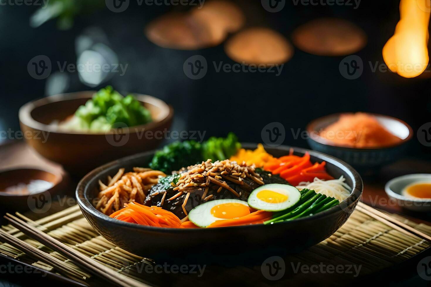 a Câmera é comovente mais perto para mostrar uma saboroso e bem gostou coreano Comida chamado bibimbap às vezes, isto pode estar Difícil para Compreendo coisas e confuso para figura Fora porque elas acontecer ai gerado foto