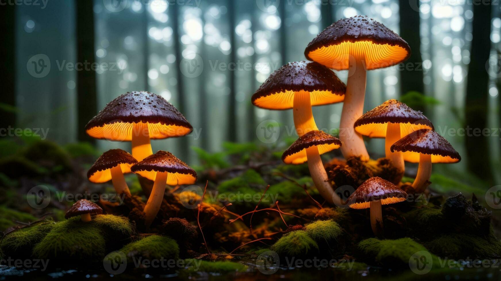 colorida, brilhando cogumelos dentro uma místico floresta. ai gerado foto