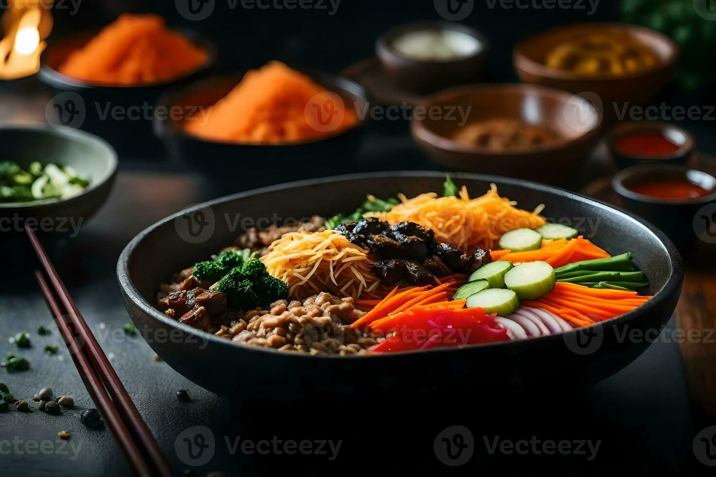 a Câmera é ampliado dentro em bibimbap, uma popular coreano Comida a espaço atrás isto parece pouco claro ou difícil para Vejo ai gerado foto