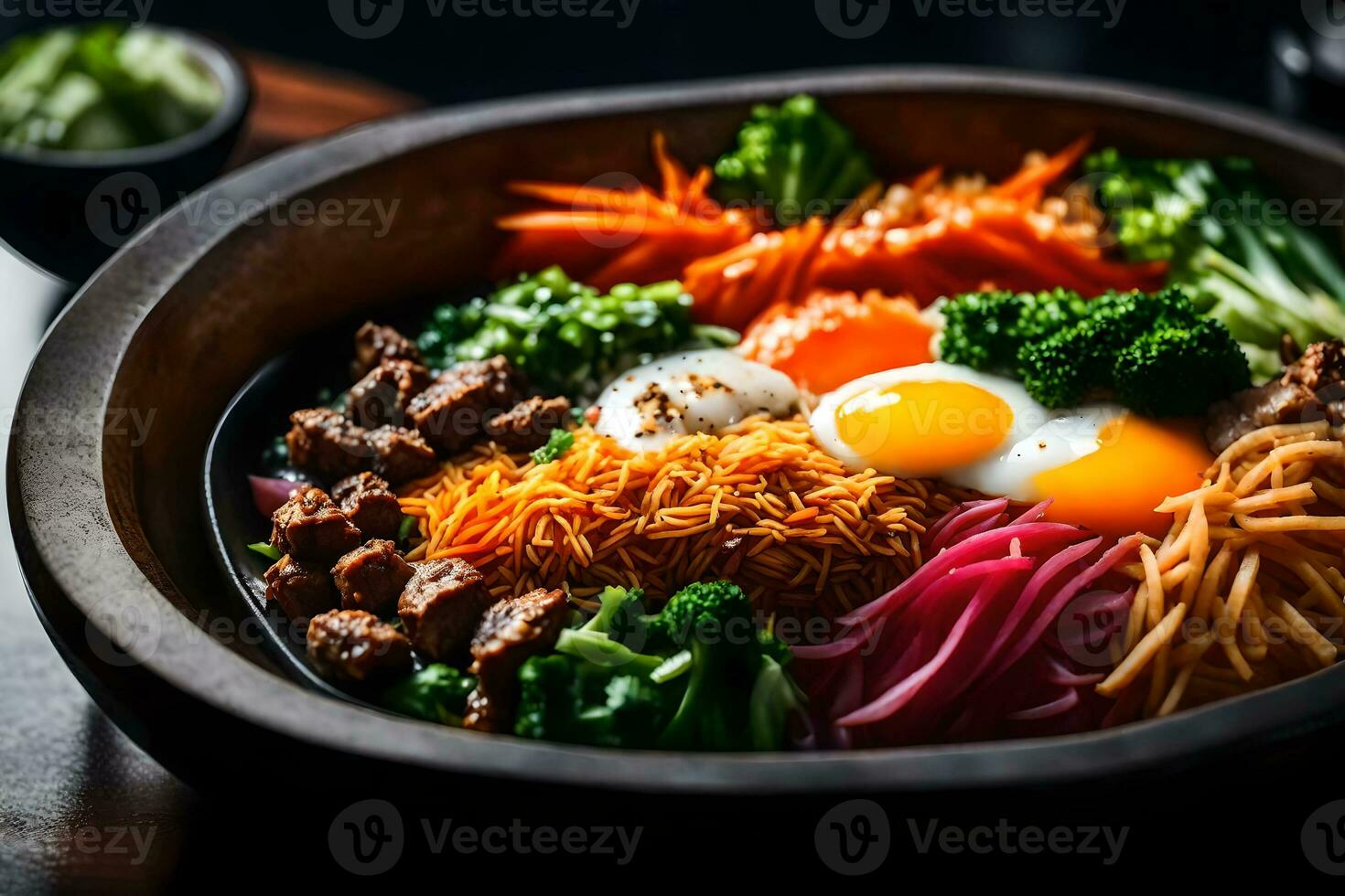 a Câmera é ampliado dentro em bibimbap, uma popular coreano Comida a espaço atrás isto parece borrado ou difícil para Vejo claramente ai gerado foto