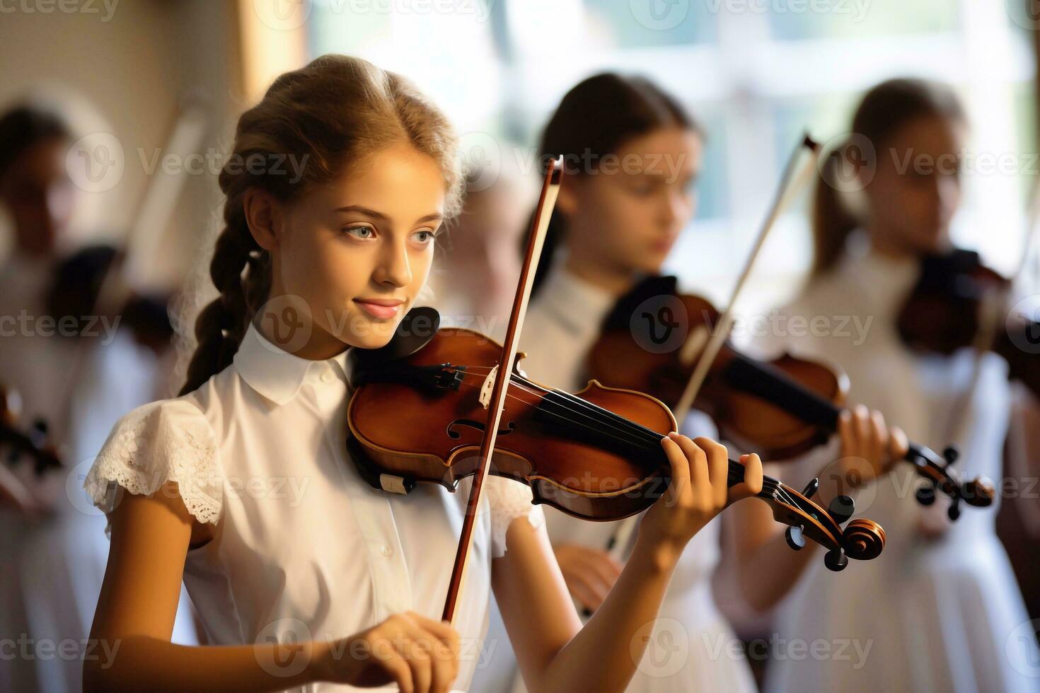 uma cenário do pequeno menina jogando a violino dentro a escola orquestra. Educação conceito guitarra atividade conceito generativo ai foto