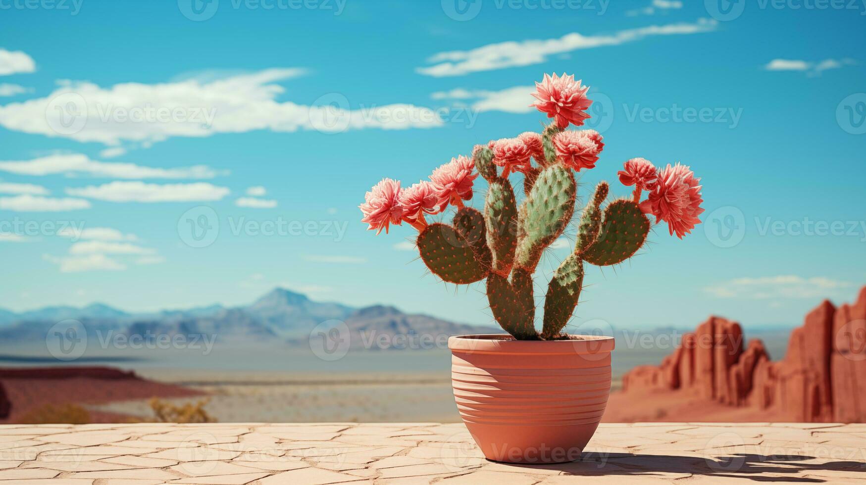 uma cacto florescendo dentro uma Panela em rachado chão. a fundo é deserto e montanhas. cópia de espaço. ai gerado foto