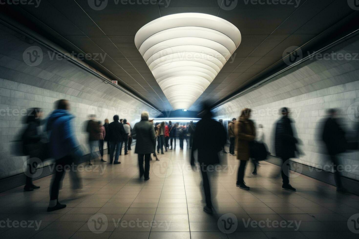 ai gerado. urbano metrô, ocupado estação, borrado movimento e ampla multidão foto