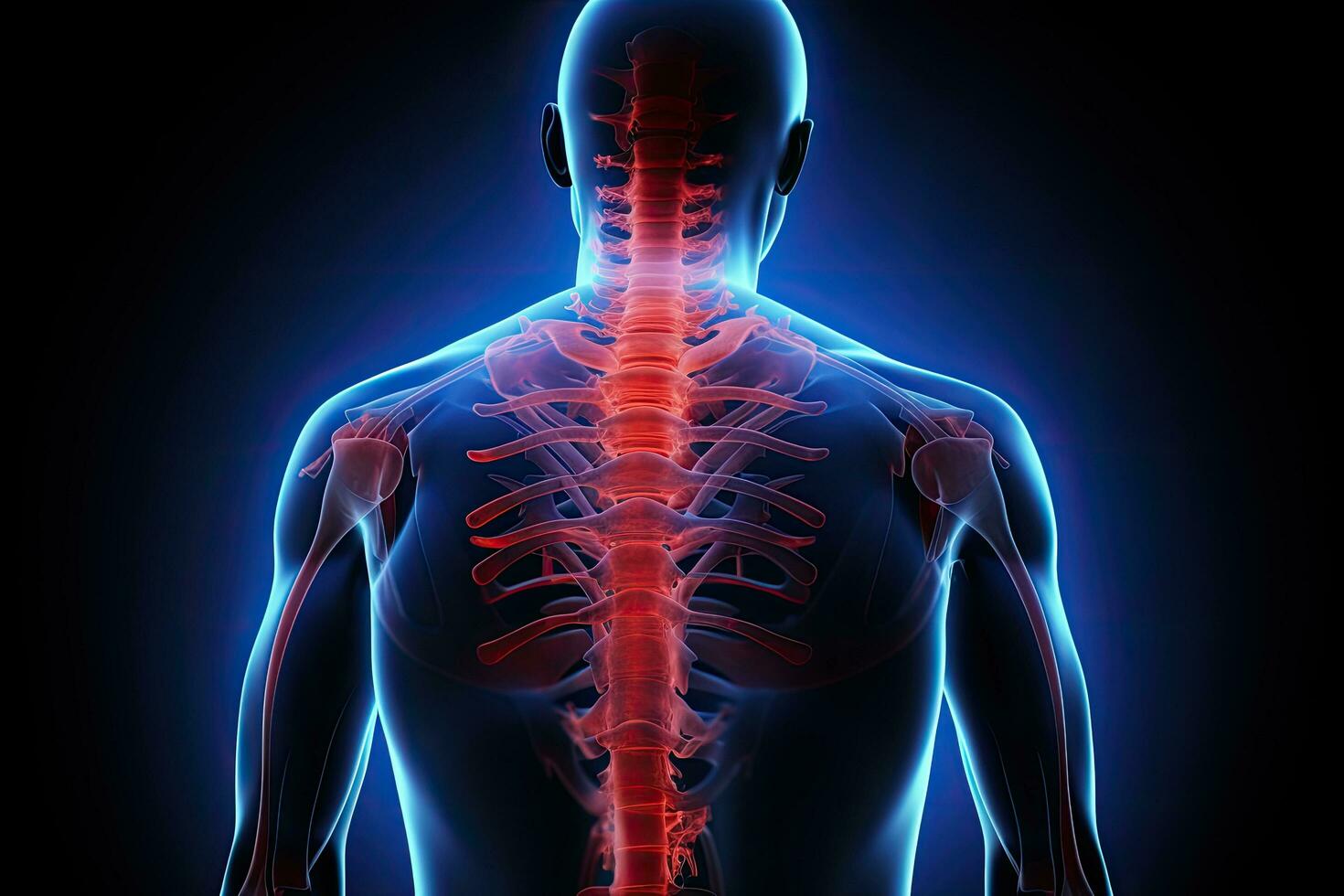 3d ilustração do masculino sentindo-me a costas dor - bíceps, masculino doeu espinha dorsal vértebras dor, 3d, ai gerado foto