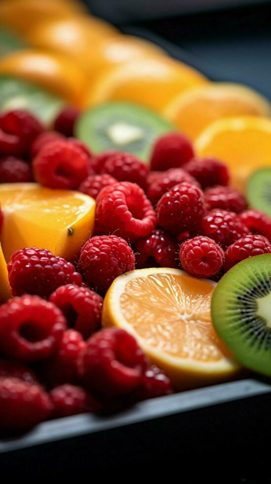 a acima fechar Visão do uma vibrante sortimento do recentemente fatiado frutas às icônico la boqueria mercado dentro Barcelona vertical Móvel papel de parede ai gerado foto