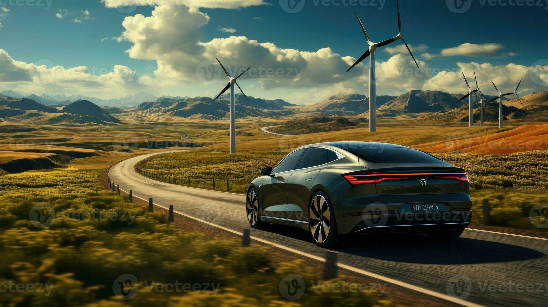 uma moderno elétrico carro drives ao longo a estrada contra a pano de fundo do uma vento turbina poder estação, a conceito do ambientalmente amigáveis e verde energia, renovável energia fontes foto