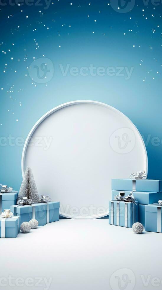 mínimo cena com bolas, neve, presentes e pinho árvores para Natal produtos apresentação. vertical 3d render para social meios de comunicação. etapa decorado para Natal. ai generativo foto