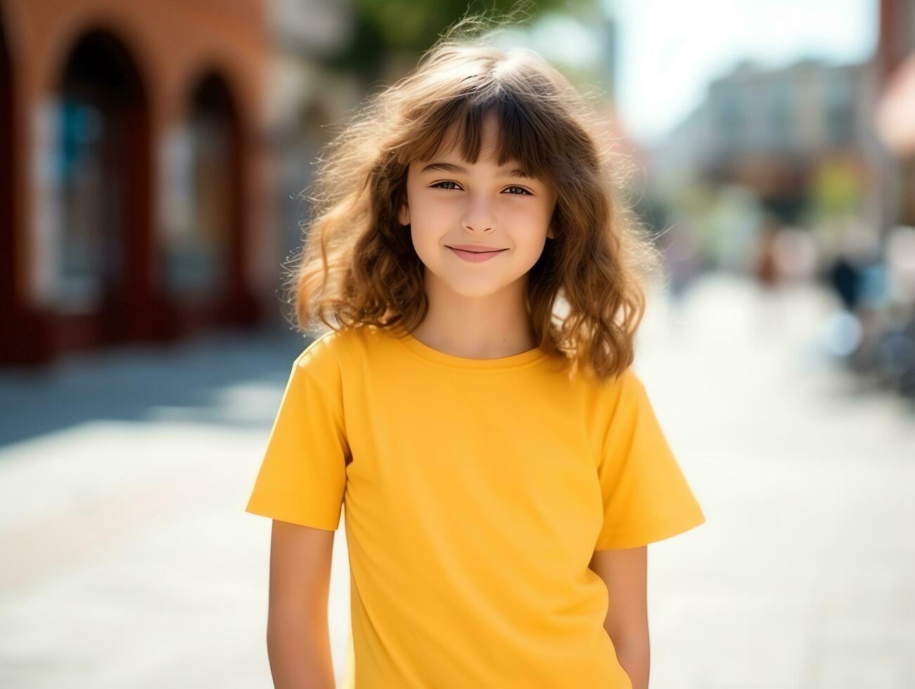 fofa pequeno menina vestindo em branco esvaziar amarelo camiseta brincar para Projeto modelo, ai gerado foto