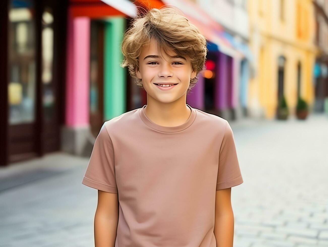 fofa Garoto vestindo em branco esvaziar Castanho camiseta brincar para Projeto modelo, ai gerado foto