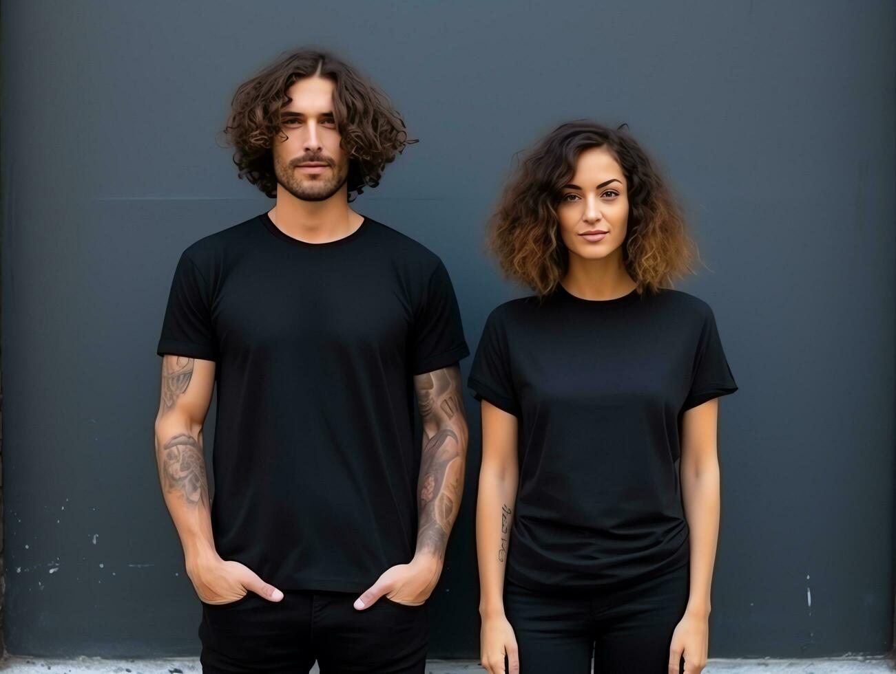 uma casal namorado e namorada vestindo em branco Preto Coincidindo Camisetas brincar para Projeto modelo, ai gerado foto