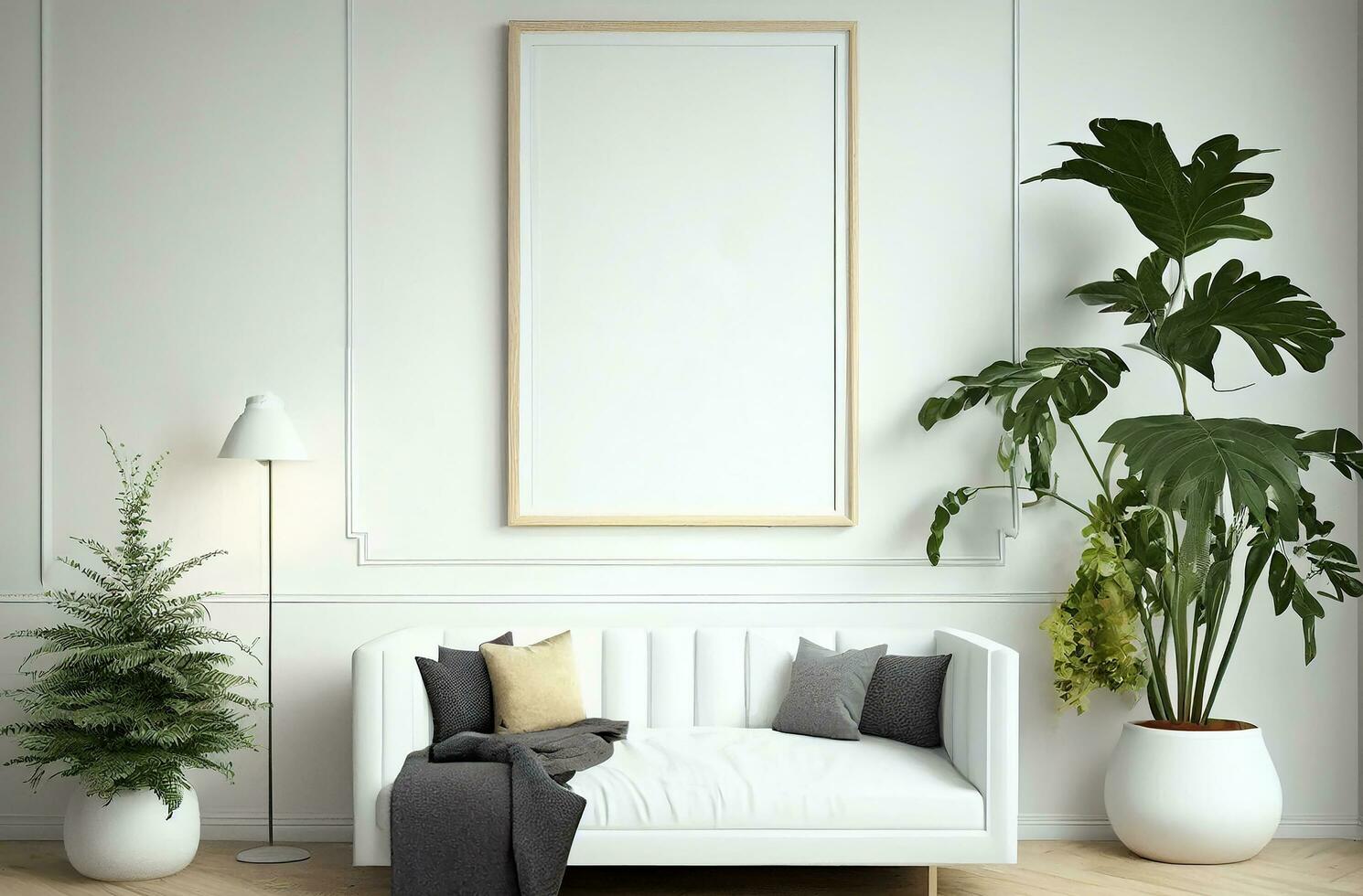 em branco branco quadro, Armação zombar acima para interior escandinavo quarto mínimo estilo, vivo quarto decoração, ai gerado foto