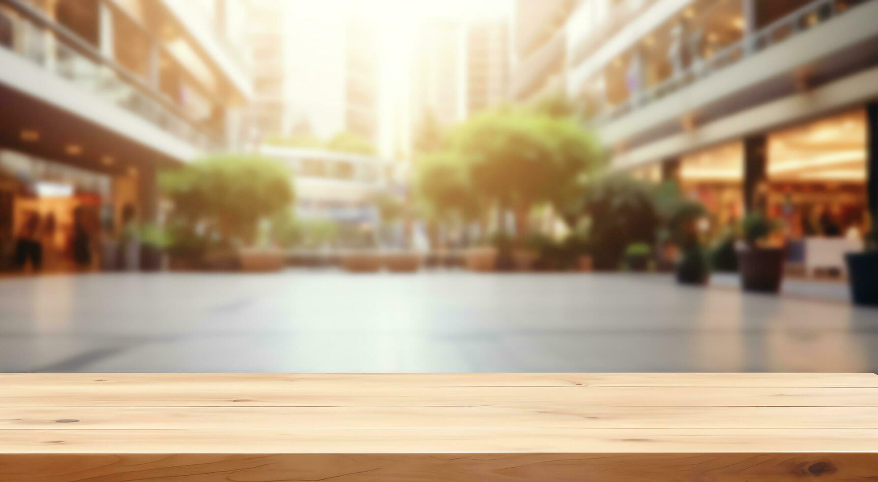 esvaziar madeira mesa topo em borrão abstrato do rua compras Shopping ao ar livre fundo, para montagem produtos exibição, ai gerado foto