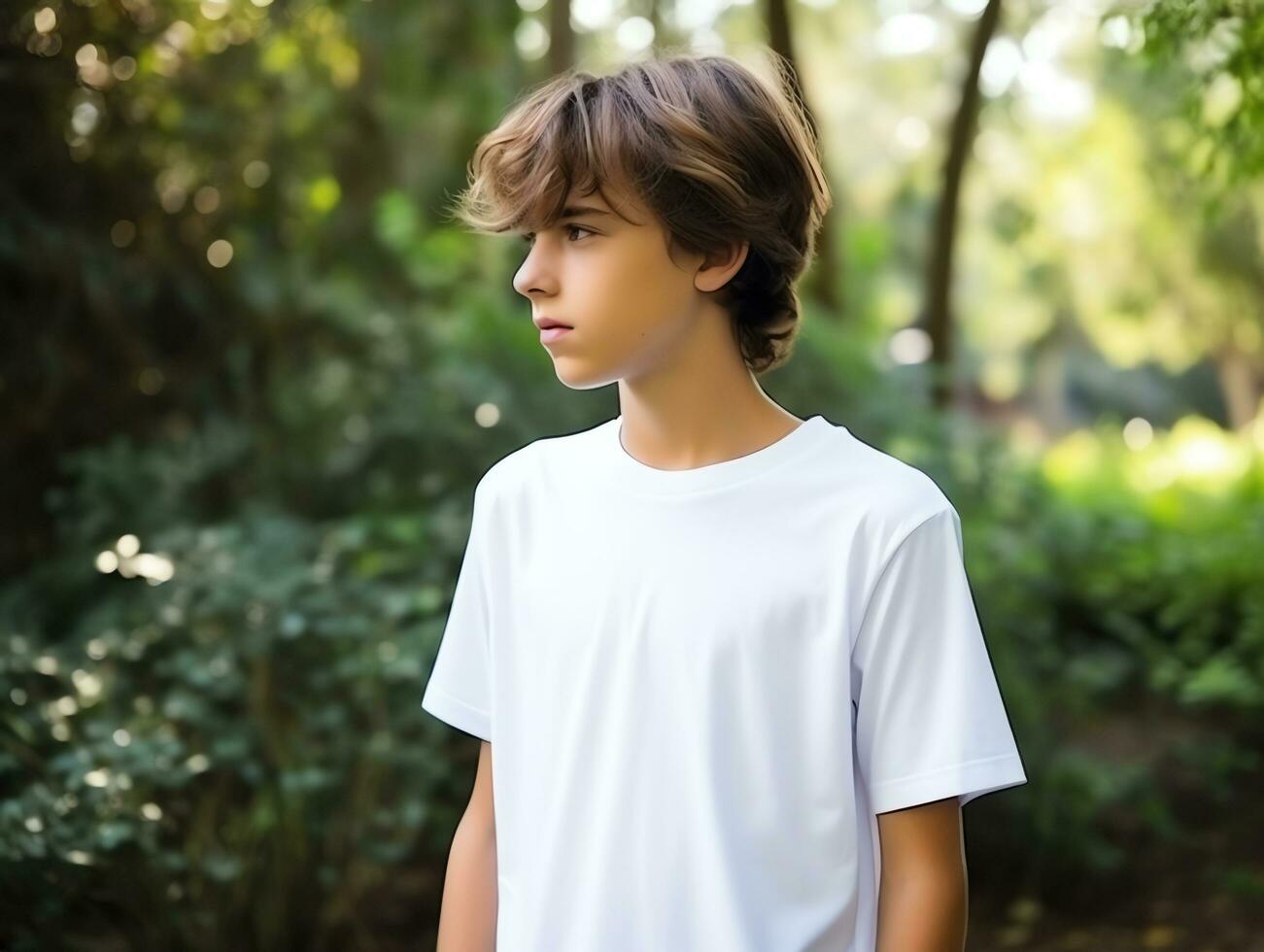 fofa Garoto vestindo em branco esvaziar branco camiseta brincar para Projeto modelo, ai gerado foto