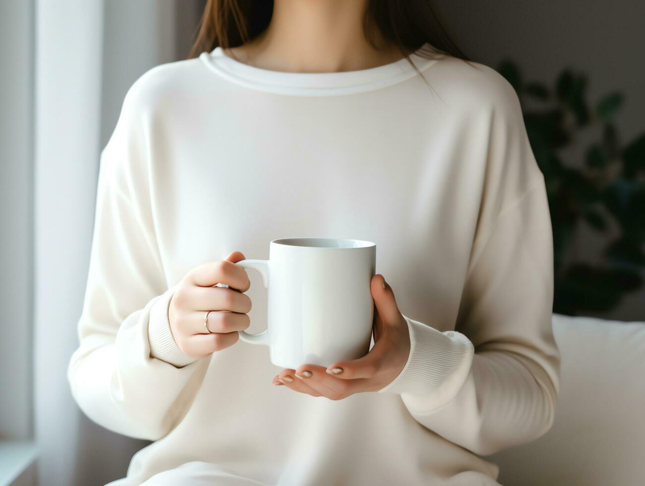 mulher dentro suéter segurando em branco esvaziar branco caneca brincar para Projeto modelo, ai gerado foto