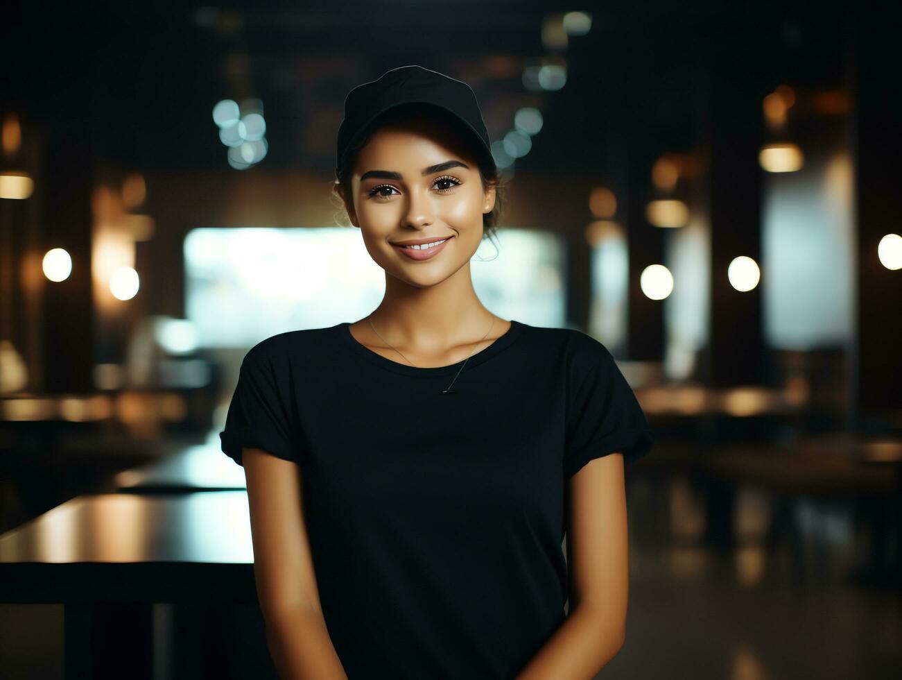 atraente jovem mulher vestindo em branco esvaziar Preto camiseta brincar para Projeto modelo, ai gerado foto