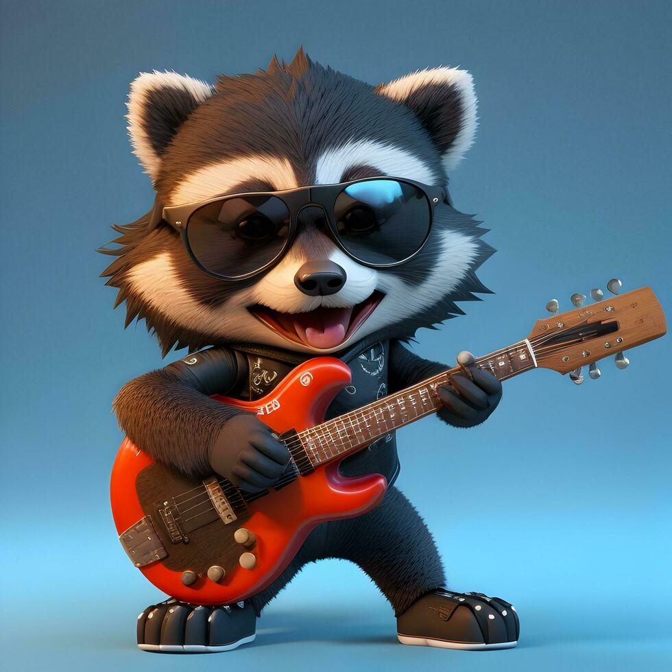 inteligente gato estrela do rock 3d desenho animado guaxinim personagem com uma guitarra e legal tons foto