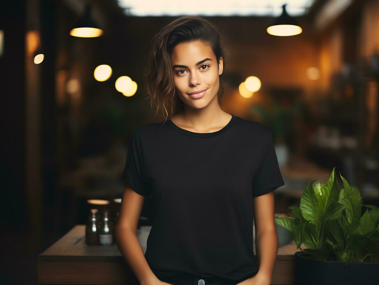 atraente jovem mulher vestindo em branco esvaziar Preto camiseta brincar para Projeto modelo, ai gerado foto